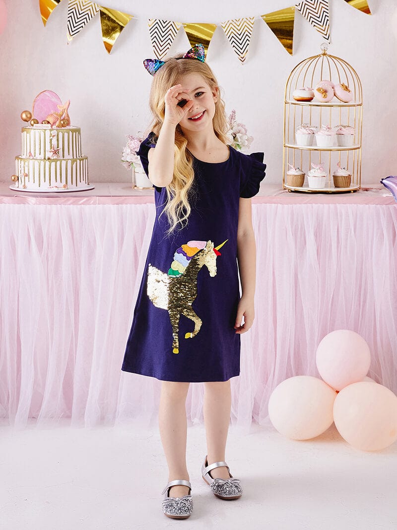 Glitter Unicorn Navy Dress - Girl Vikita Glitter Unicorn Navy Dress - Girl Vikita